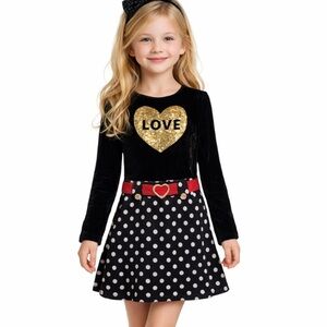 Black Velour and Knit Sparkle Love Heart Dress with Sequins Girls Size 10